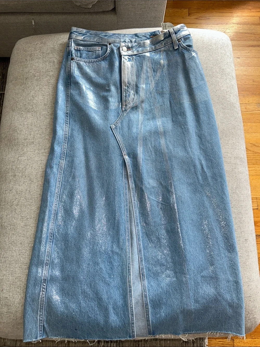 Zara 6045/017 Light Blue Denim Metallic Maxi Skirt with Front Slit
